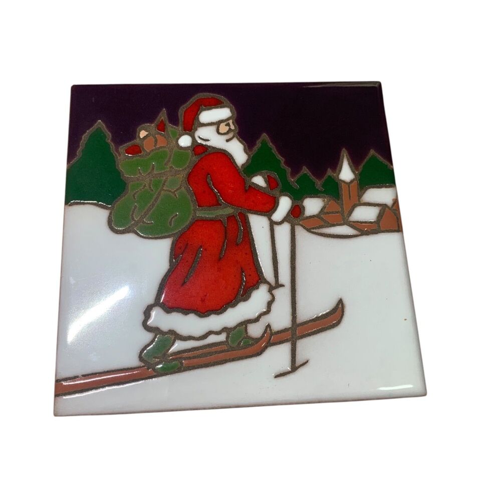 Vintage Christine Fitzgerald Mag Mor Santa Claus Skiing Ceramic Art Tile Trivet